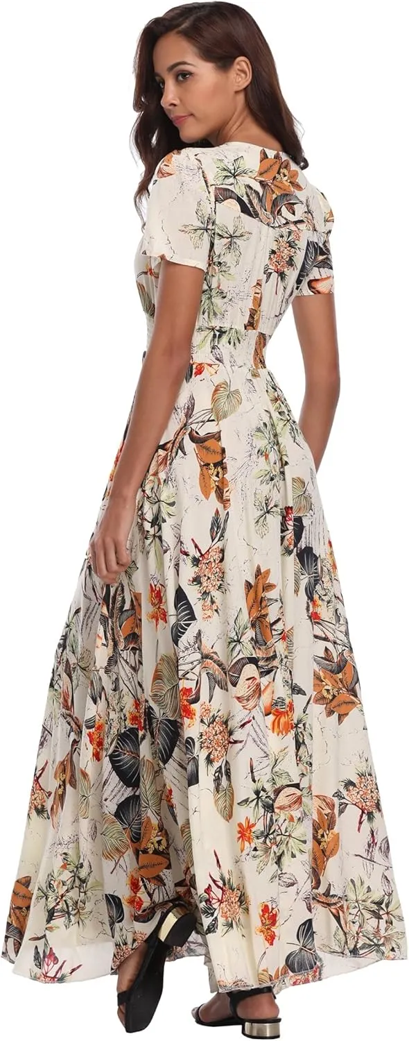 Ferrendo Women's Floral Maxi Dress Button Up Split Flowy Bohemian Party Beach Dresses