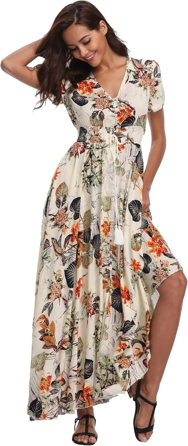 Ferrendo Women's Floral Maxi Dress Button Up Split Flowy Bohemian Party Beach Dresses