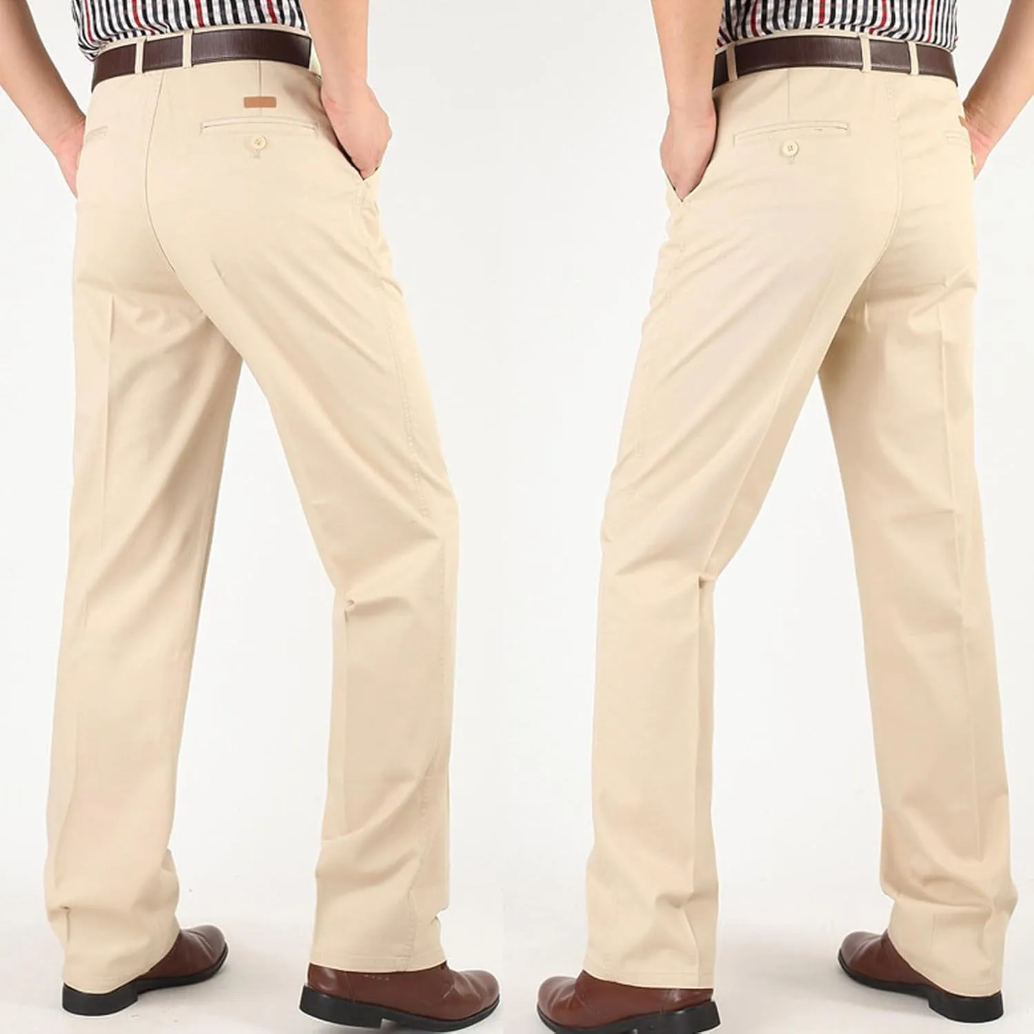 Finelylove Chino Pants Men Pleated Front Twill Dress Pants Loose Fit Flex Business Work Pants Straight Leg Trousers