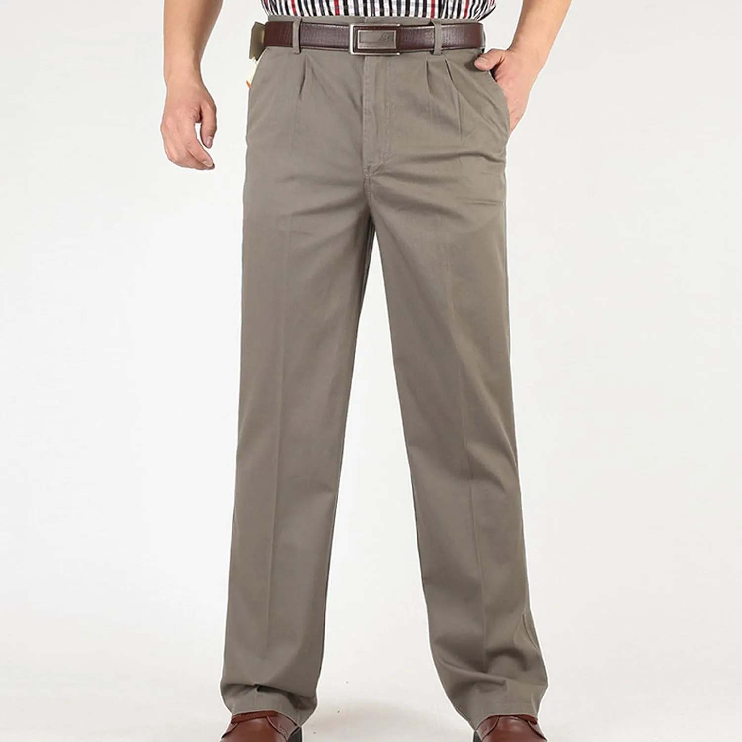 Finelylove Chino Pants Men Pleated Front Twill Dress Pants Loose Fit Flex Business Work Pants Straight Leg Trousers