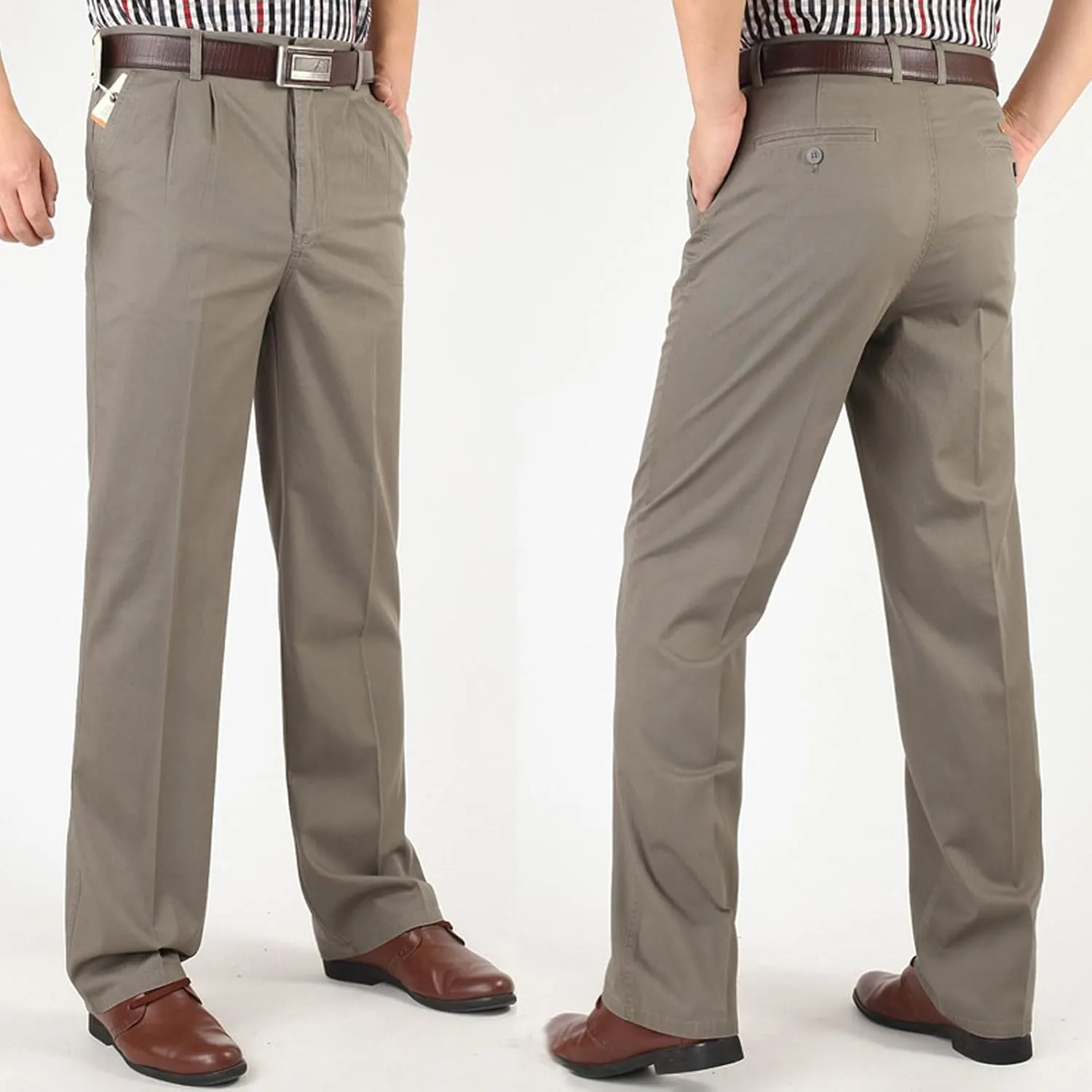 Finelylove Chino Pants Men Pleated Front Twill Dress Pants Loose Fit Flex Business Work Pants Straight Leg Trousers