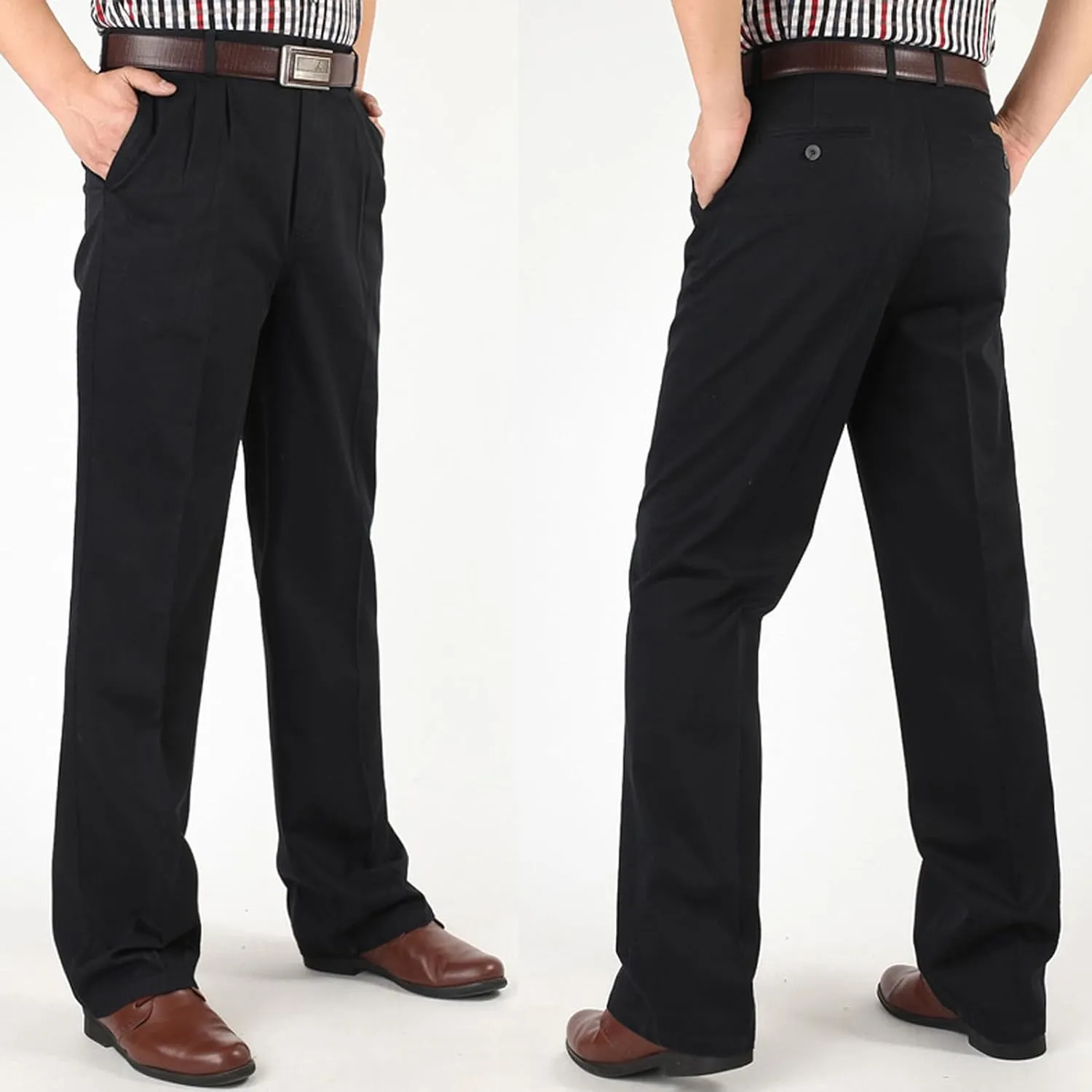 Finelylove Chino Pants Men Pleated Front Twill Dress Pants Loose Fit Flex Business Work Pants Straight Leg Trousers
