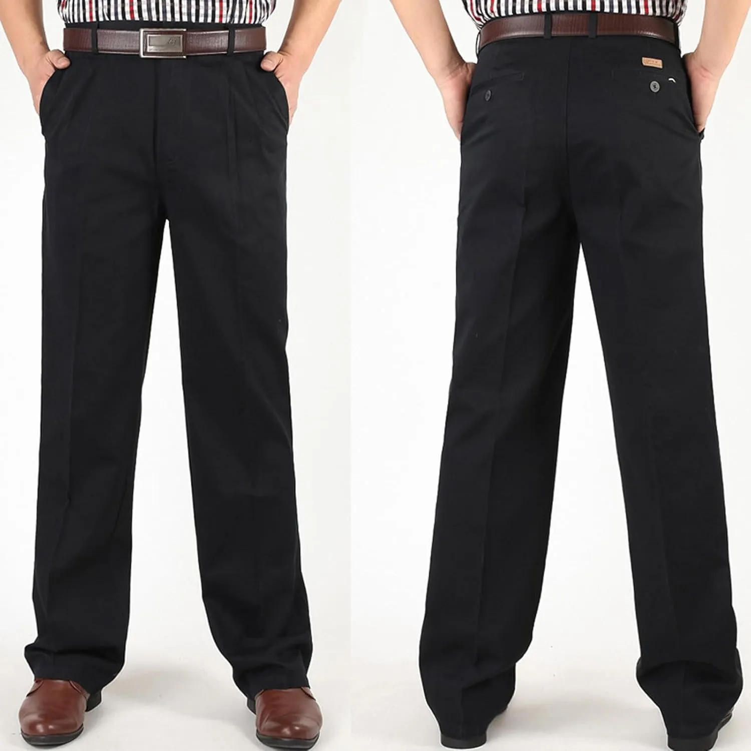 Finelylove Chino Pants Men Pleated Front Twill Dress Pants Loose Fit Flex Business Work Pants Straight Leg Trousers
