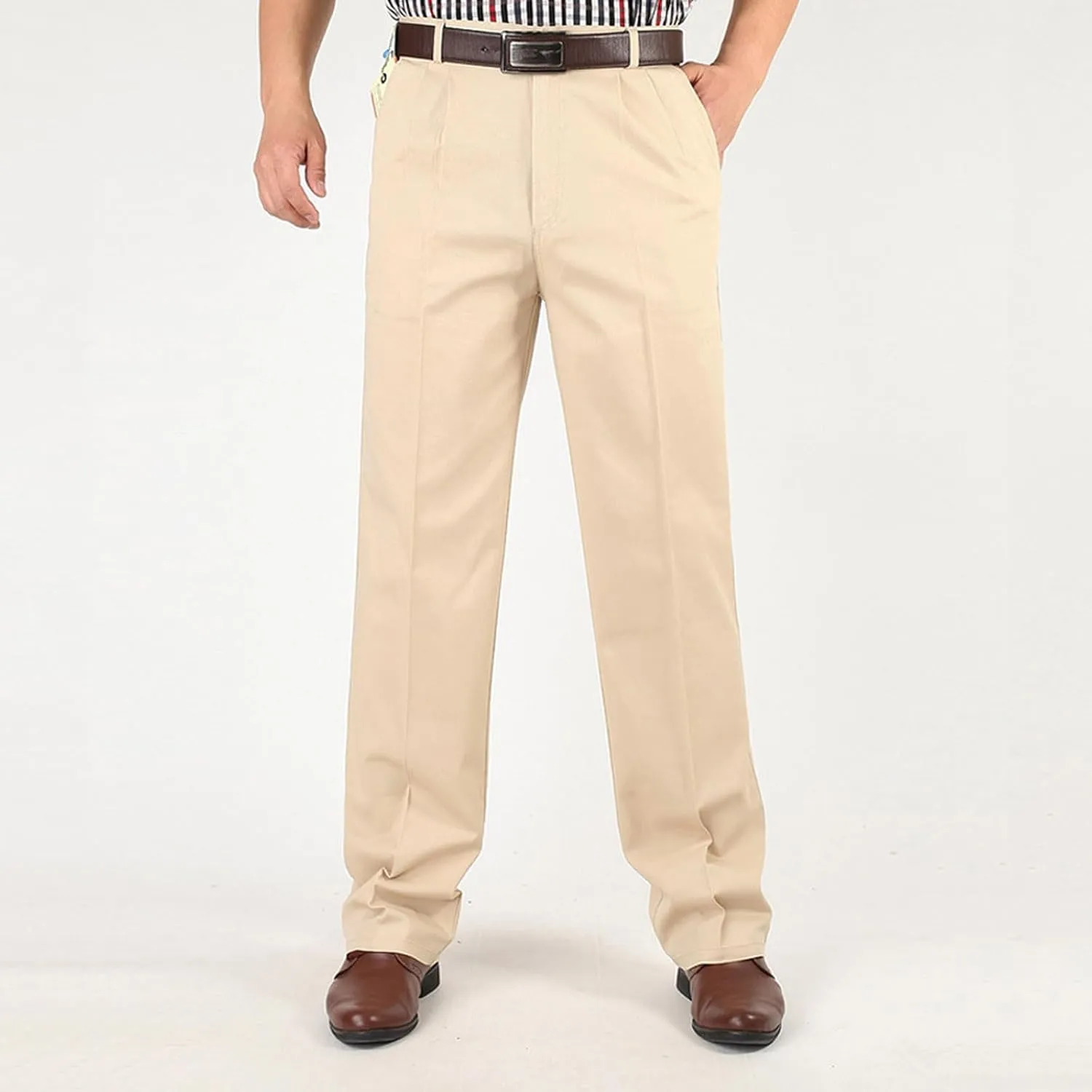 Finelylove Chino Pants Men Pleated Front Twill Dress Pants Loose Fit Flex Business Work Pants Straight Leg Trousers