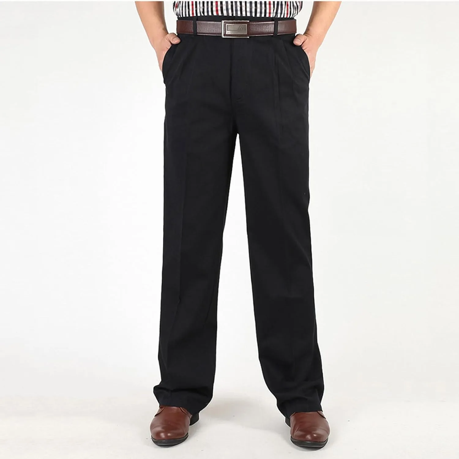 Finelylove Chino Pants Men Pleated Front Twill Dress Pants Loose Fit Flex Business Work Pants Straight Leg Trousers