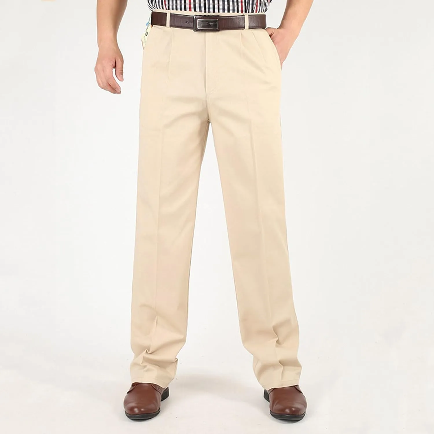Finelylove Chino Pants Men Pleated Front Twill Dress Pants Loose Fit Flex Business Work Pants Straight Leg Trousers