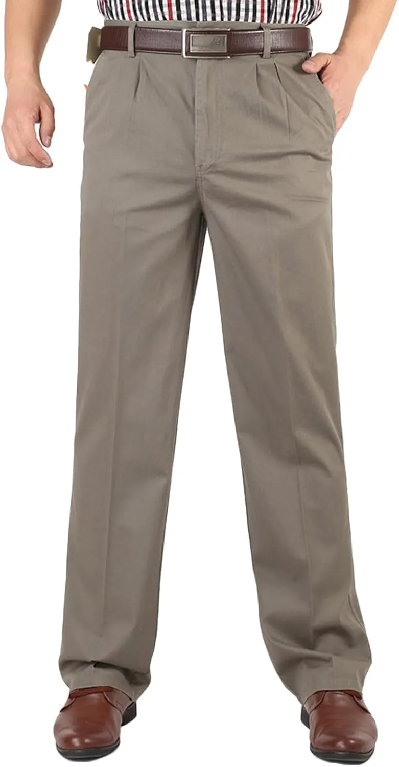 Finelylove Chino Pants Men Pleated Front Twill Dress Pants Loose Fit Flex Business Work Pants Straight Leg Trousers