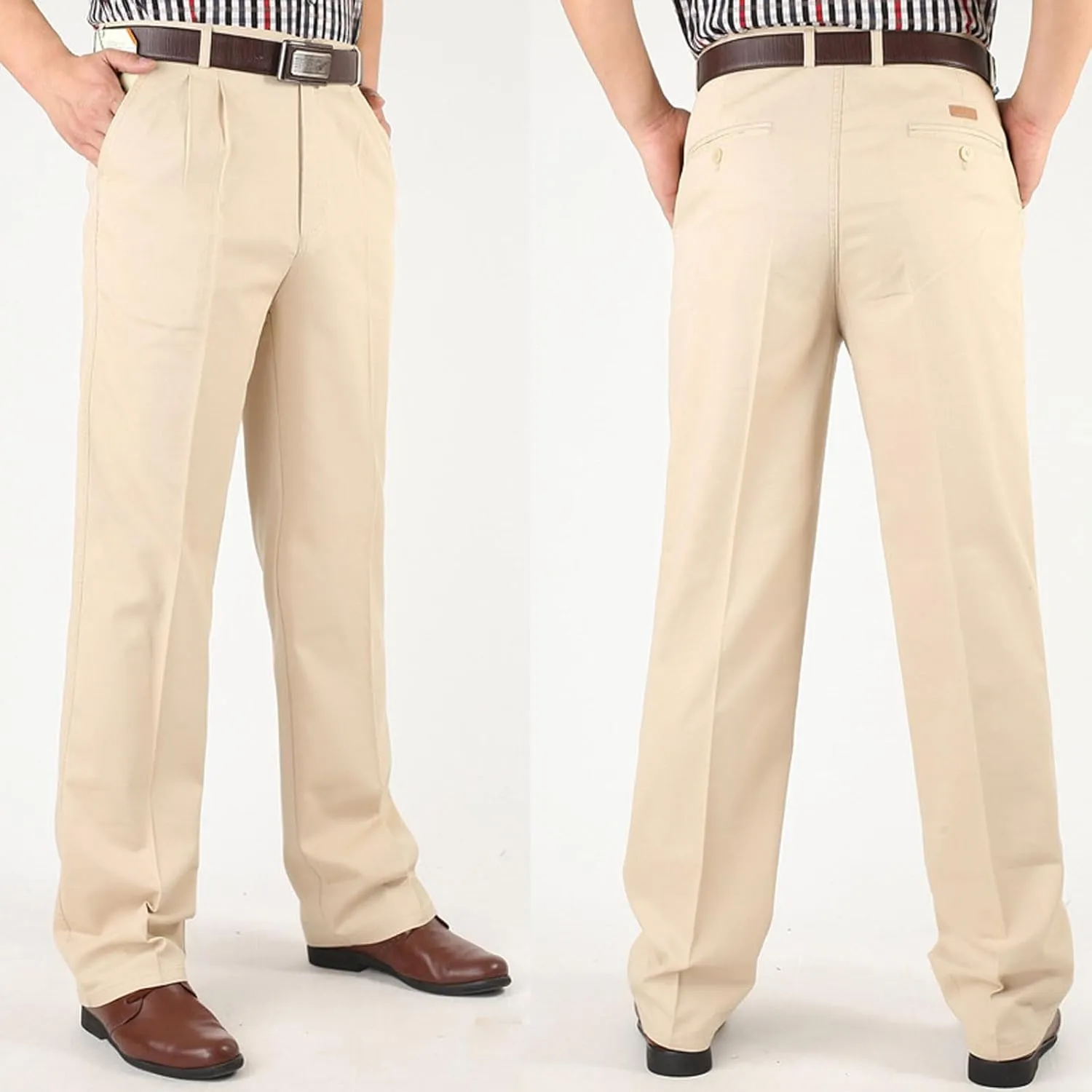 Finelylove Chino Pants Men Pleated Front Twill Dress Pants Loose Fit Flex Business Work Pants Straight Leg Trousers