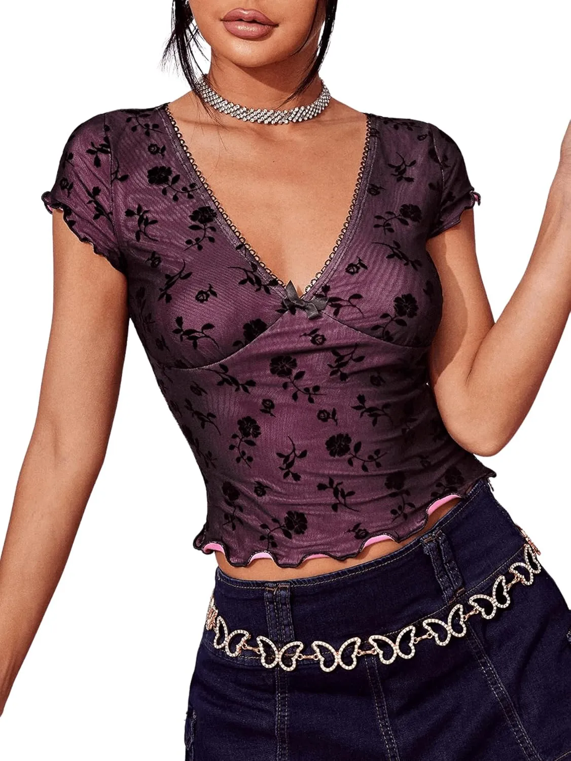 Floerns Women's Short Sleeve Lace Lettuce Trim Crop Top 90s Tee Shirt