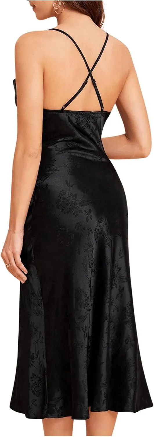 Floerns Women's Spaghetti Strap Cowl Neck Long Slip Satin Silk Midi Dress