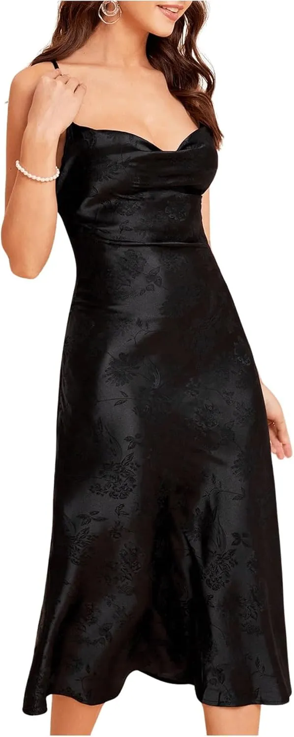Floerns Women's Spaghetti Strap Cowl Neck Long Slip Satin Silk Midi Dress