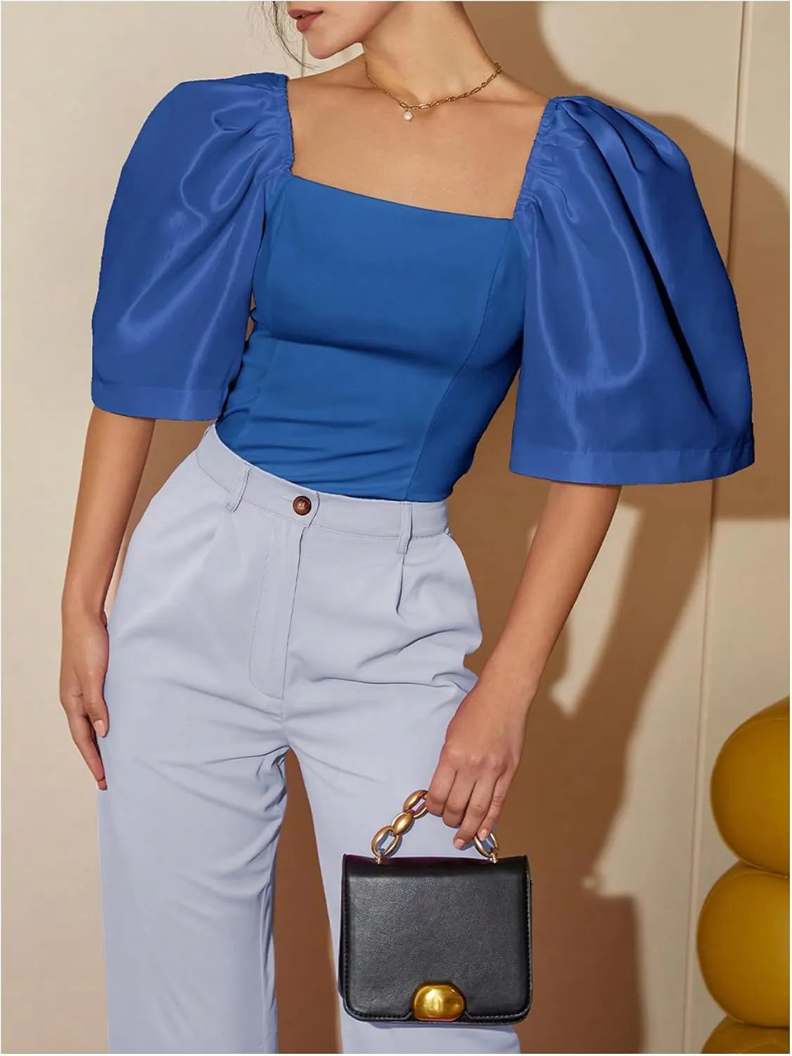 Floerns Women's Square Neck Puff Short Sleeve Elegant Blouse Crop Top
