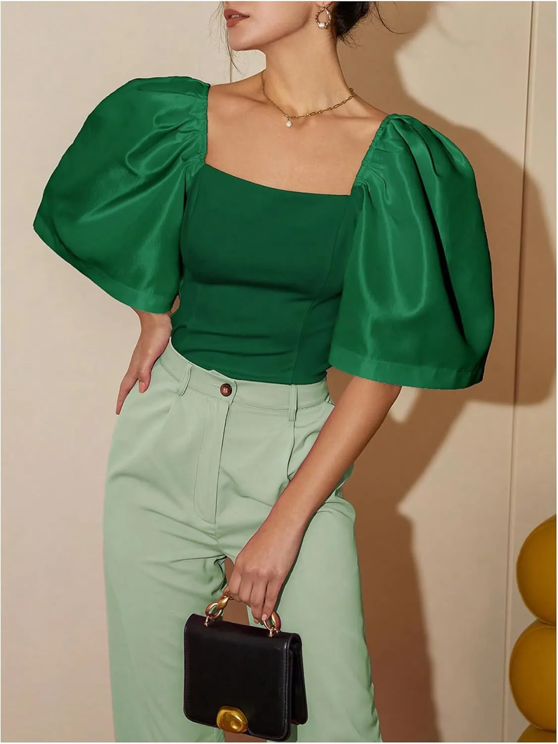 Floerns Women's Square Neck Puff Short Sleeve Elegant Blouse Crop Top