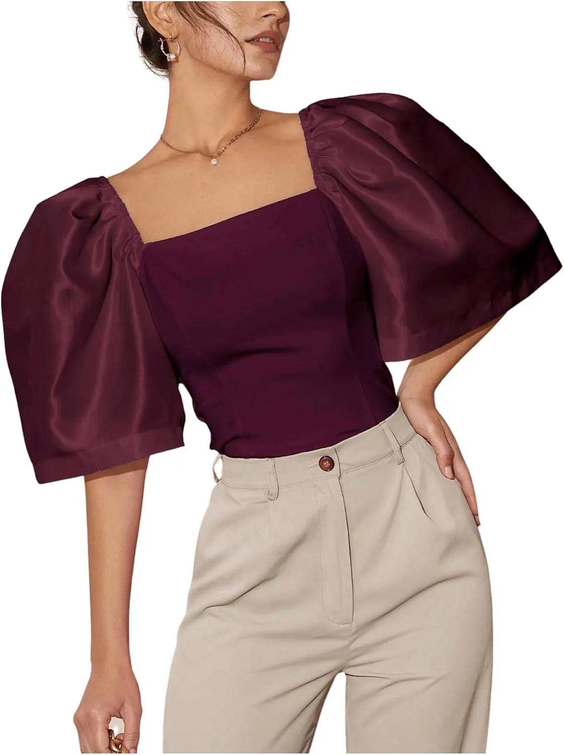 Floerns Women's Square Neck Puff Short Sleeve Elegant Blouse Crop Top
