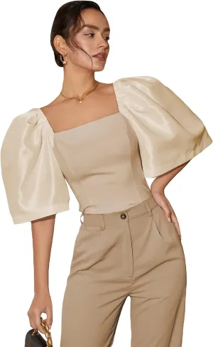 Floerns Women's Square Neck Puff Short Sleeve Elegant Blouse Crop Top
