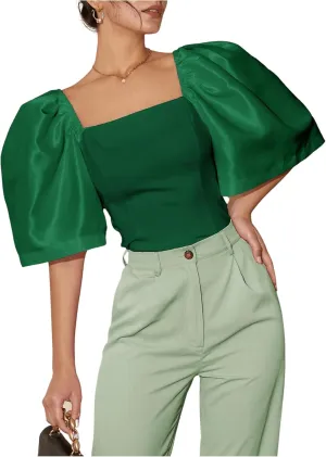 Floerns Women's Square Neck Puff Short Sleeve Elegant Blouse Crop Top