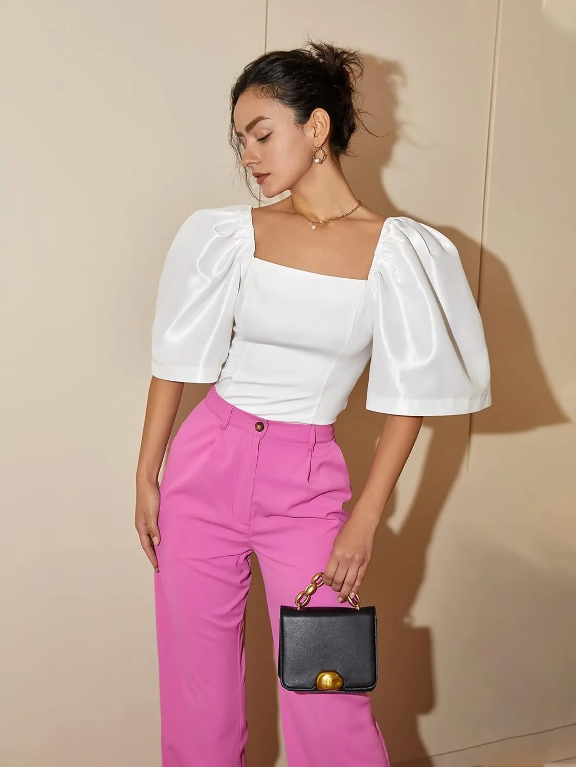 Floerns Women's Square Neck Puff Short Sleeve Elegant Blouse Crop Top