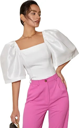 Floerns Women's Square Neck Puff Short Sleeve Elegant Blouse Crop Top