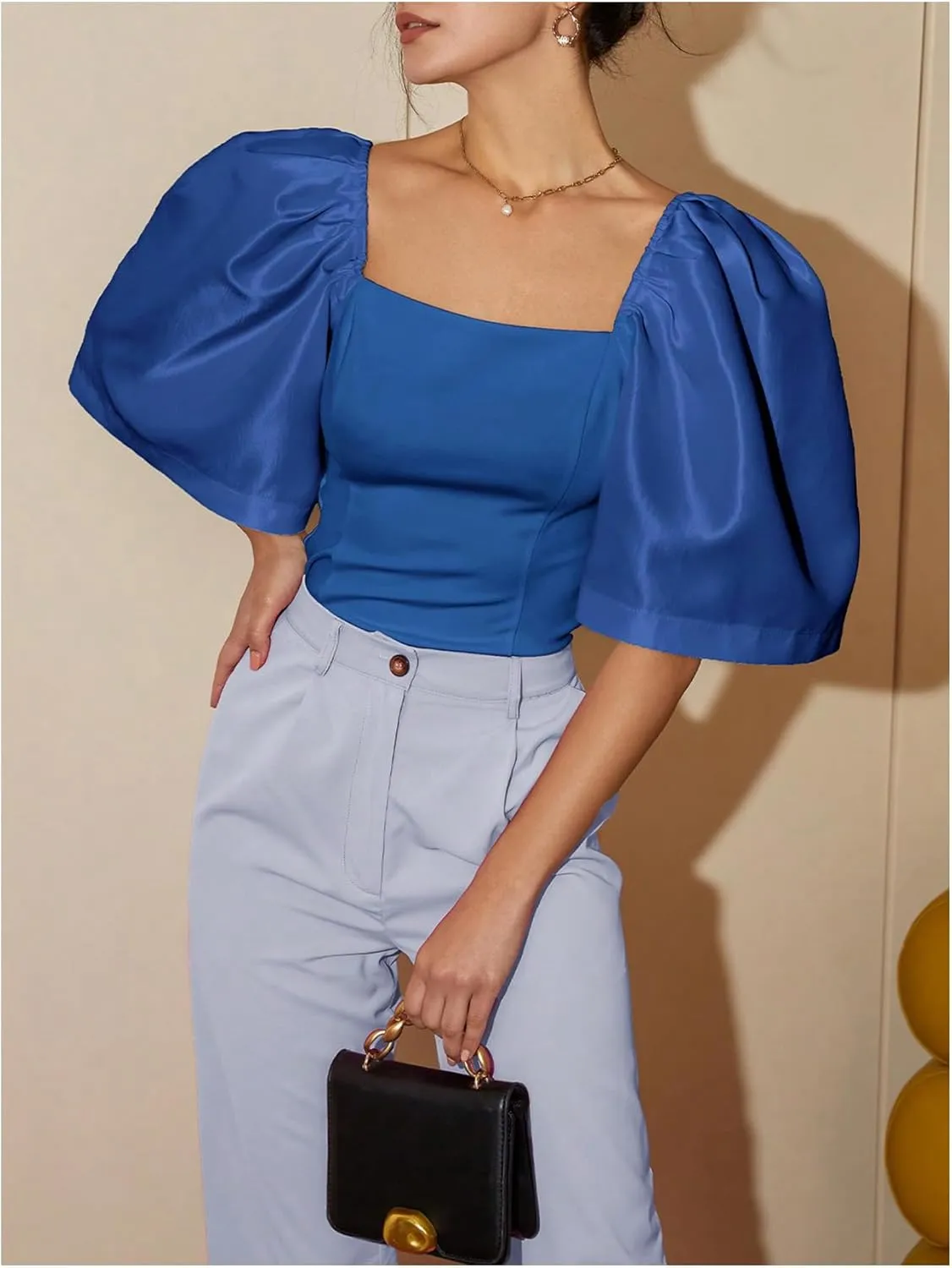 Floerns Women's Square Neck Puff Short Sleeve Elegant Blouse Crop Top