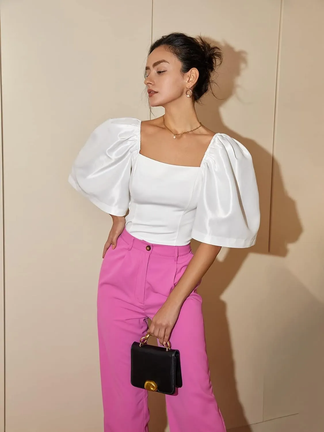 Floerns Women's Square Neck Puff Short Sleeve Elegant Blouse Crop Top