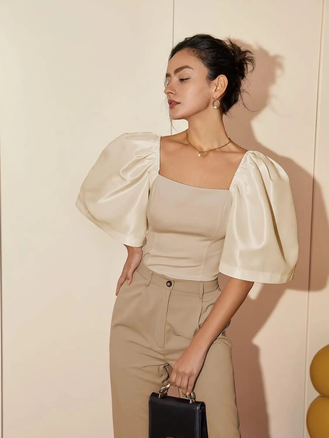Floerns Women's Square Neck Puff Short Sleeve Elegant Blouse Crop Top