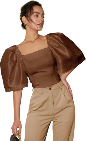 Floerns Women's Square Neck Puff Short Sleeve Elegant Blouse Crop Top