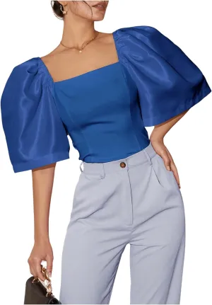 Floerns Women's Square Neck Puff Short Sleeve Elegant Blouse Crop Top