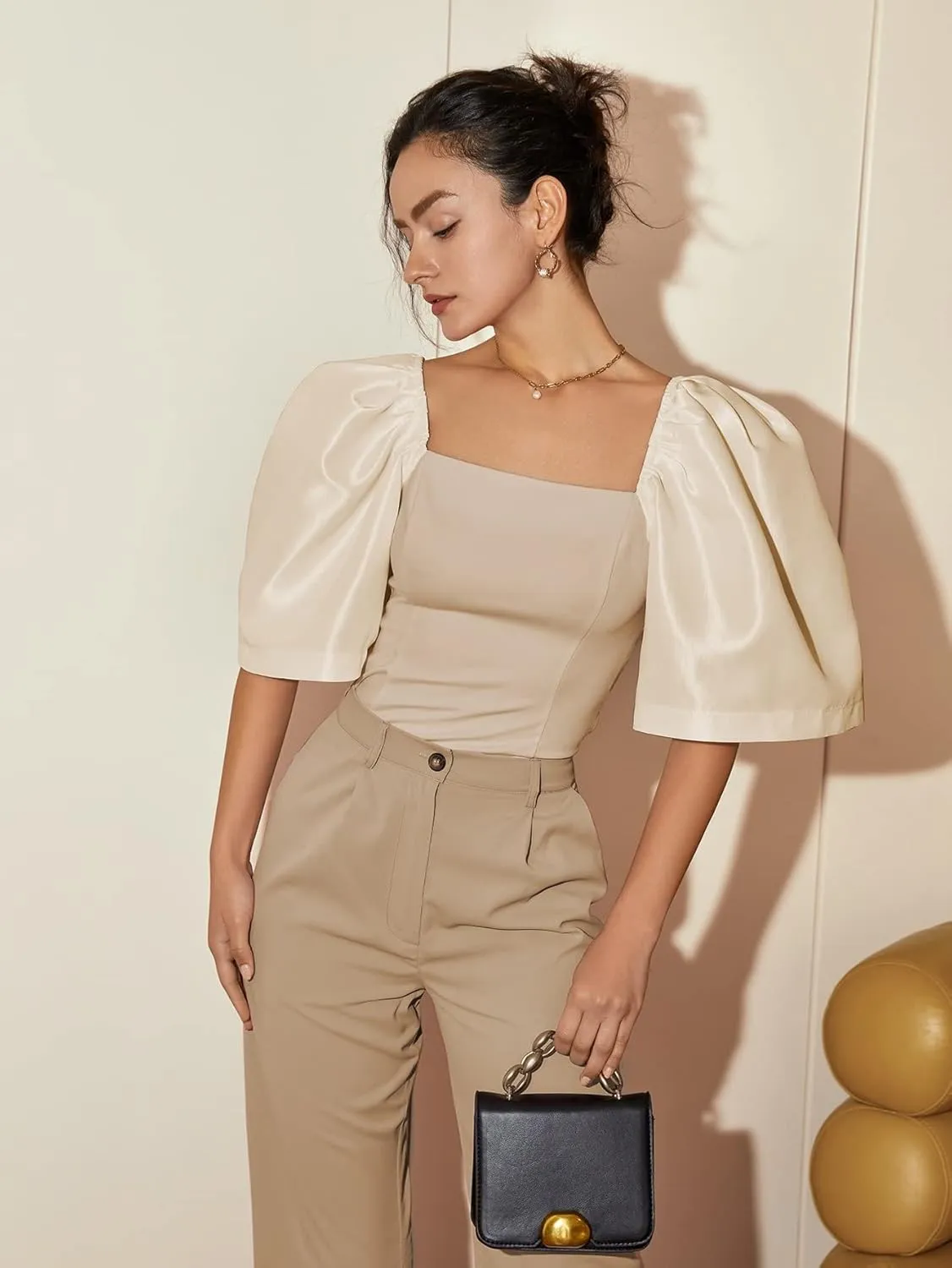 Floerns Women's Square Neck Puff Short Sleeve Elegant Blouse Crop Top