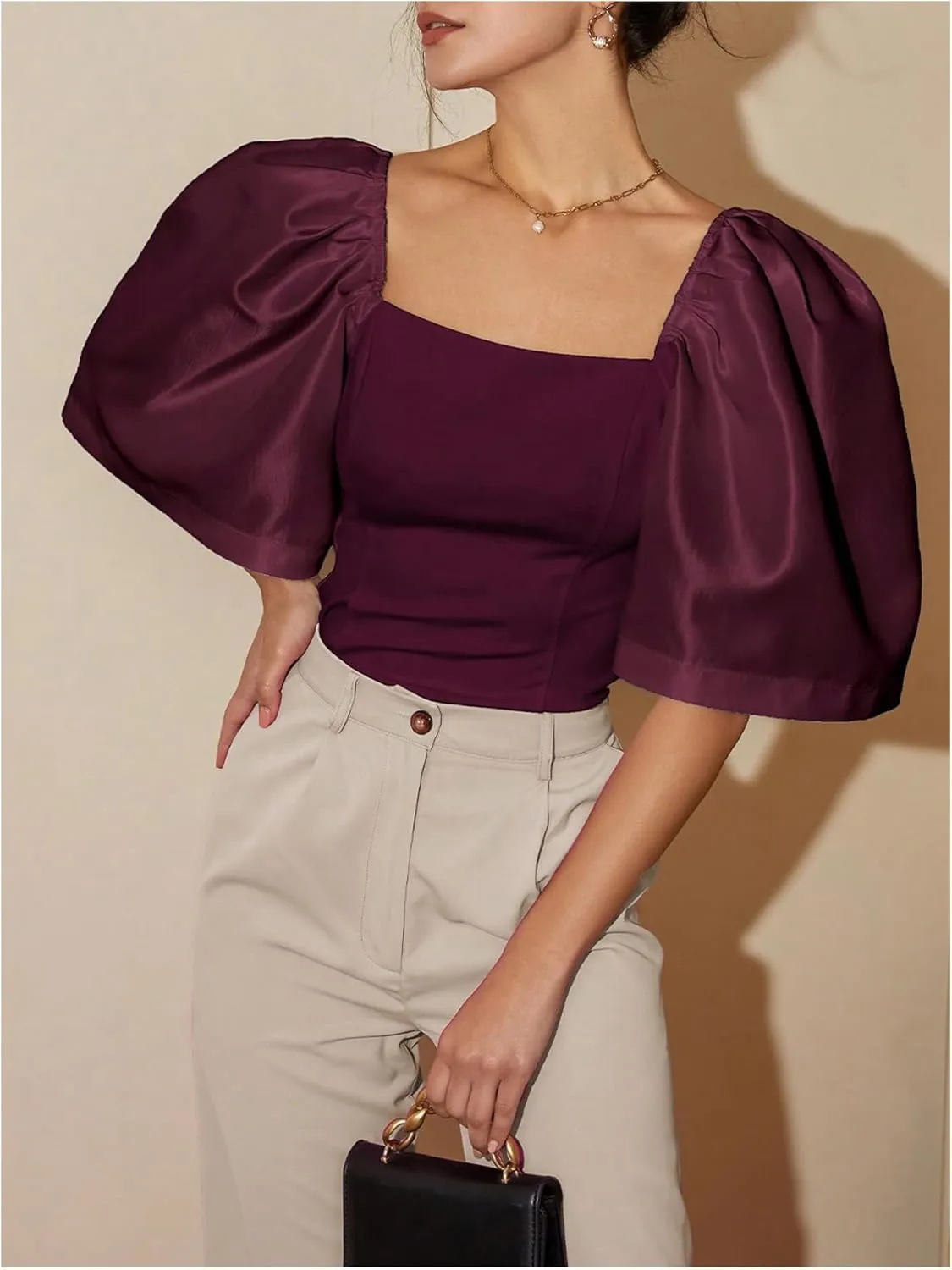 Floerns Women's Square Neck Puff Short Sleeve Elegant Blouse Crop Top