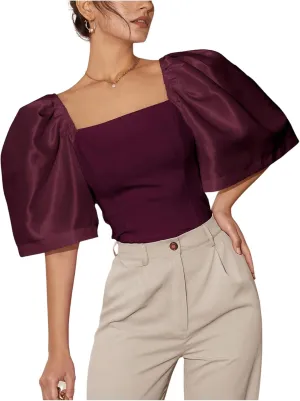 Floerns Women's Square Neck Puff Short Sleeve Elegant Blouse Crop Top