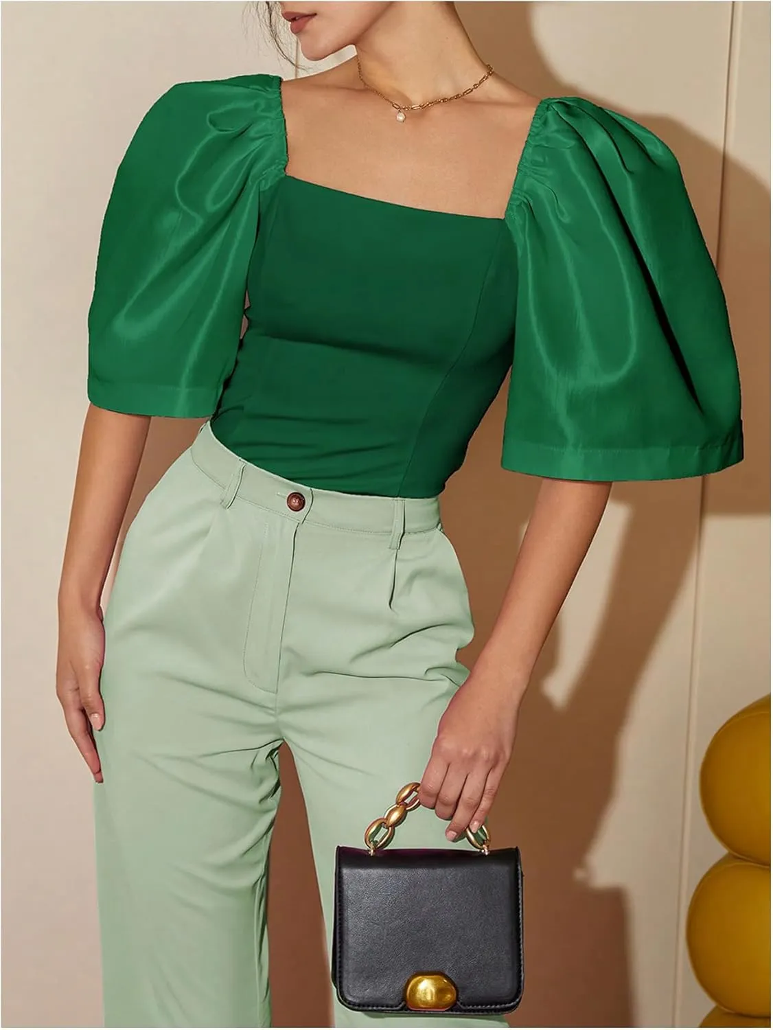 Floerns Women's Square Neck Puff Short Sleeve Elegant Blouse Crop Top