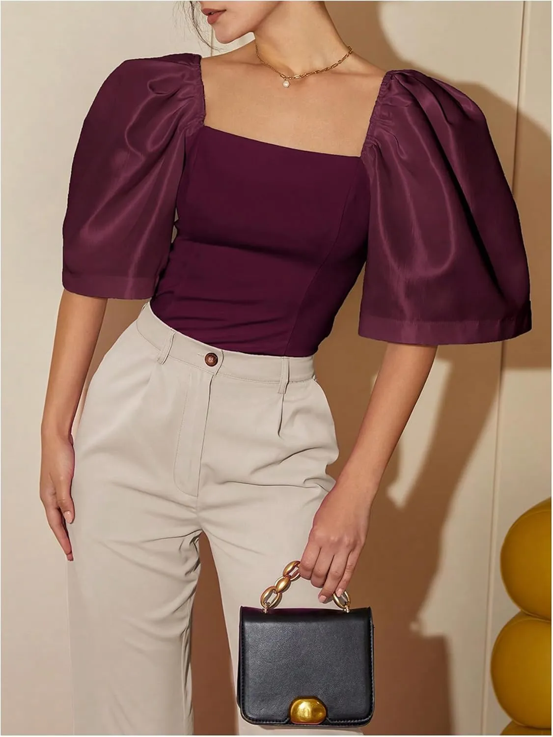 Floerns Women's Square Neck Puff Short Sleeve Elegant Blouse Crop Top