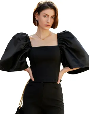 Floerns Women's Square Neck Puff Short Sleeve Elegant Blouse Crop Top