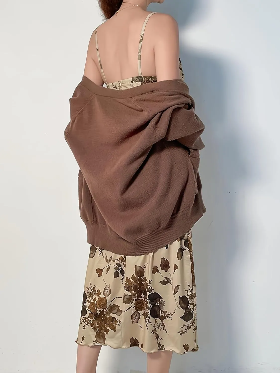 Floral Print Midi Slip Dress, Adjustable Straps, Beige with Brown Flowers (US, Alpha, Large, Regular, Regular, Brown)