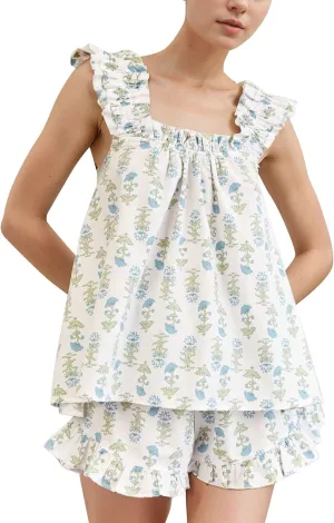 Flygo Floral Pajama Sets for Women 2 Piece Lounge Set Ruffle Cami Top and Shorts Pj Set Sleepwear