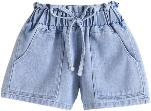 Girls' Stretch High Waisted Jeans Denim Shorts with Drawstring