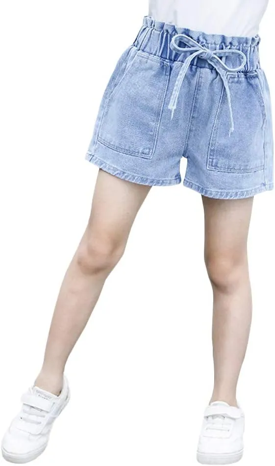Girls' Stretch High Waisted Jeans Denim Shorts with Drawstring