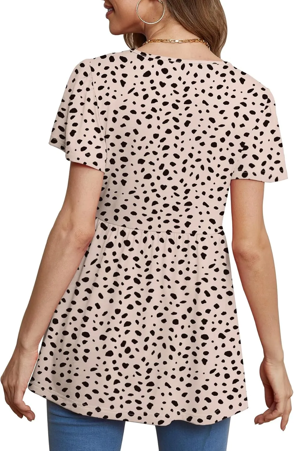 Glanzition Women Ruffle Short Sleeve V Neck Oversized Shirt Tunic Babydoll Tops