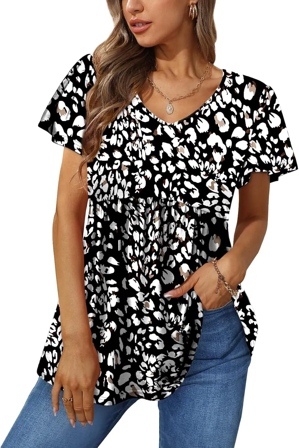 Glanzition Women Ruffle Short Sleeve V Neck Oversized Shirt Tunic Babydoll Tops