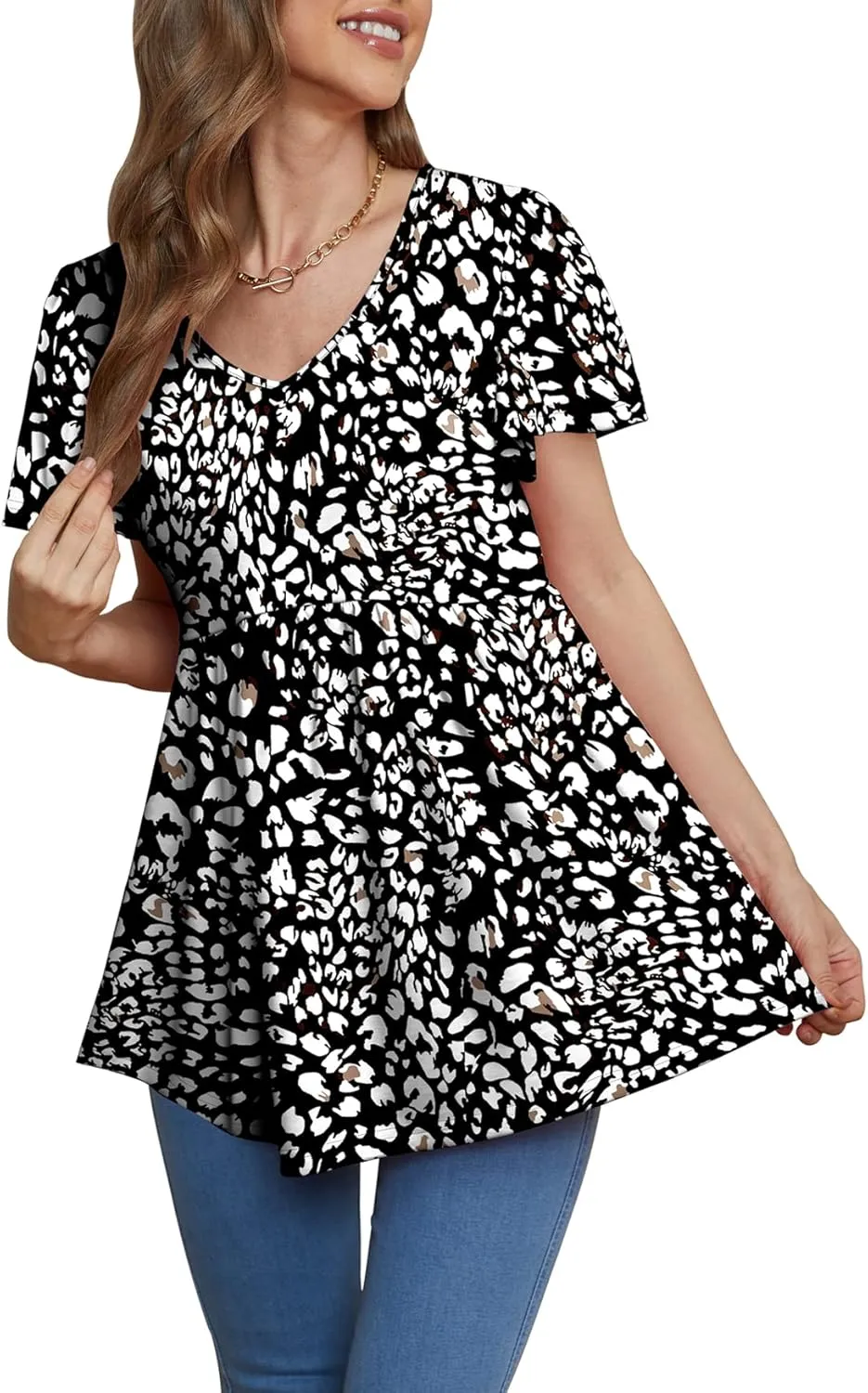 Glanzition Women Ruffle Short Sleeve V Neck Oversized Shirt Tunic Babydoll Tops