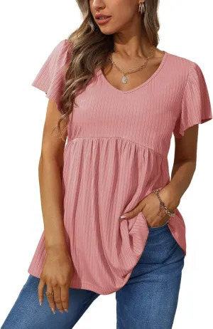 Glanzition Women Ruffle Short Sleeve V Neck Oversized Shirt Tunic Babydoll Tops