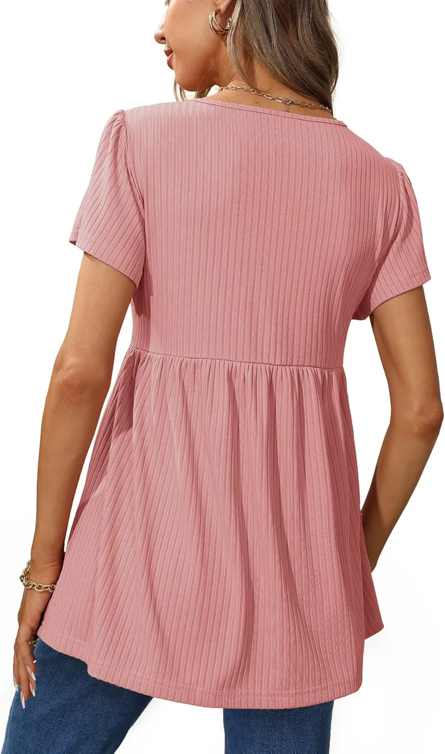 Glanzition Women Ruffle Short Sleeve V Neck Oversized Shirt Tunic Babydoll Tops