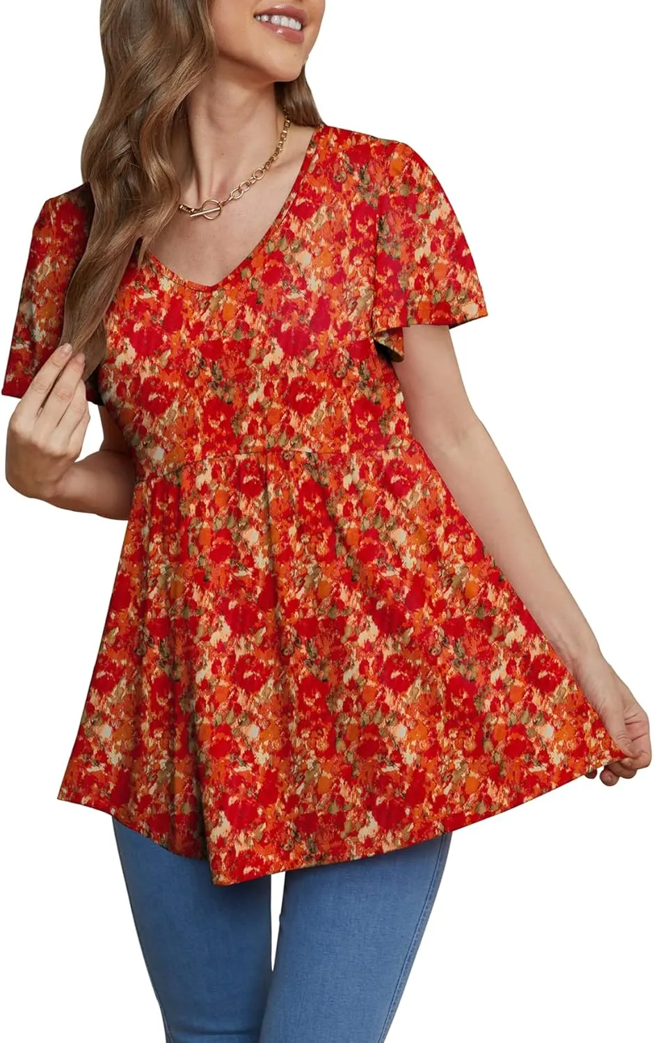 Glanzition Women Ruffle Short Sleeve V Neck Oversized Shirt Tunic Babydoll Tops