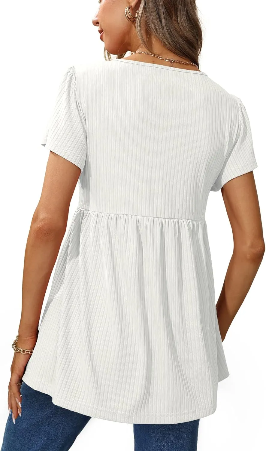 Glanzition Women Ruffle Short Sleeve V Neck Oversized Shirt Tunic Babydoll Tops