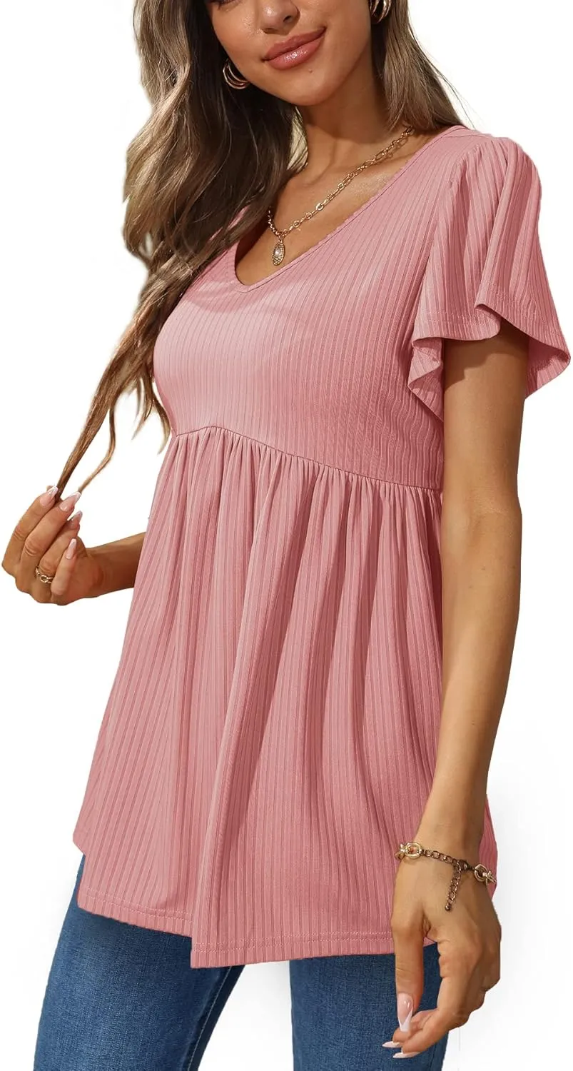 Glanzition Women Ruffle Short Sleeve V Neck Oversized Shirt Tunic Babydoll Tops