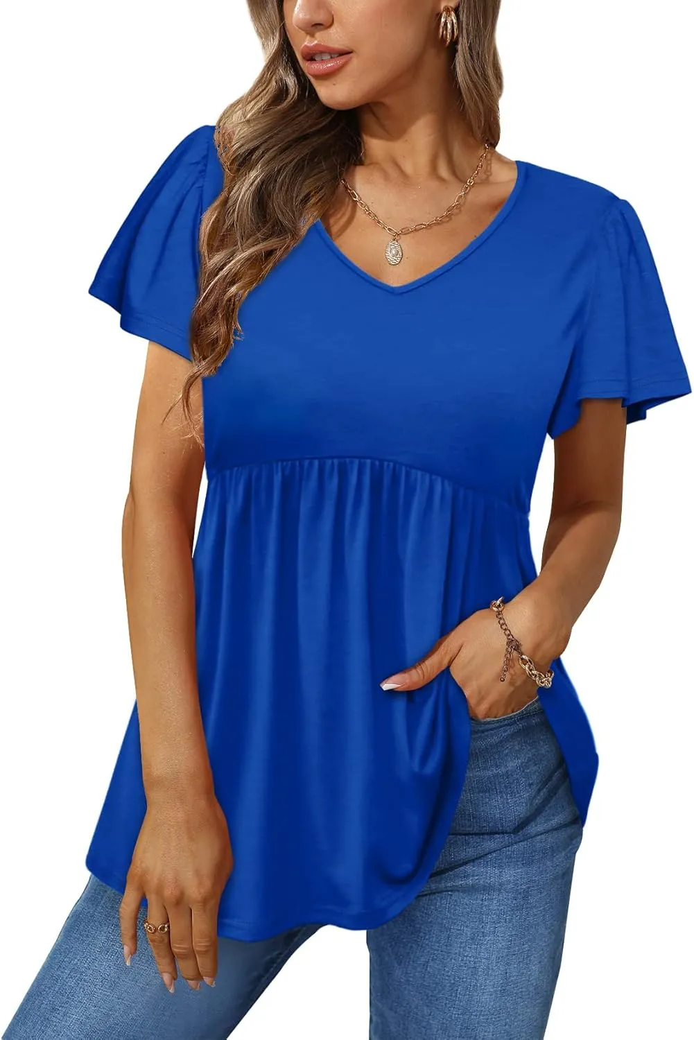 Glanzition Women Ruffle Short Sleeve V Neck Oversized Shirt Tunic Babydoll Tops