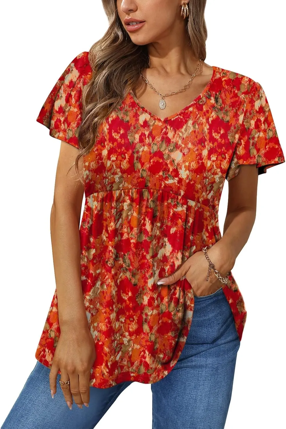 Glanzition Women Ruffle Short Sleeve V Neck Oversized Shirt Tunic Babydoll Tops