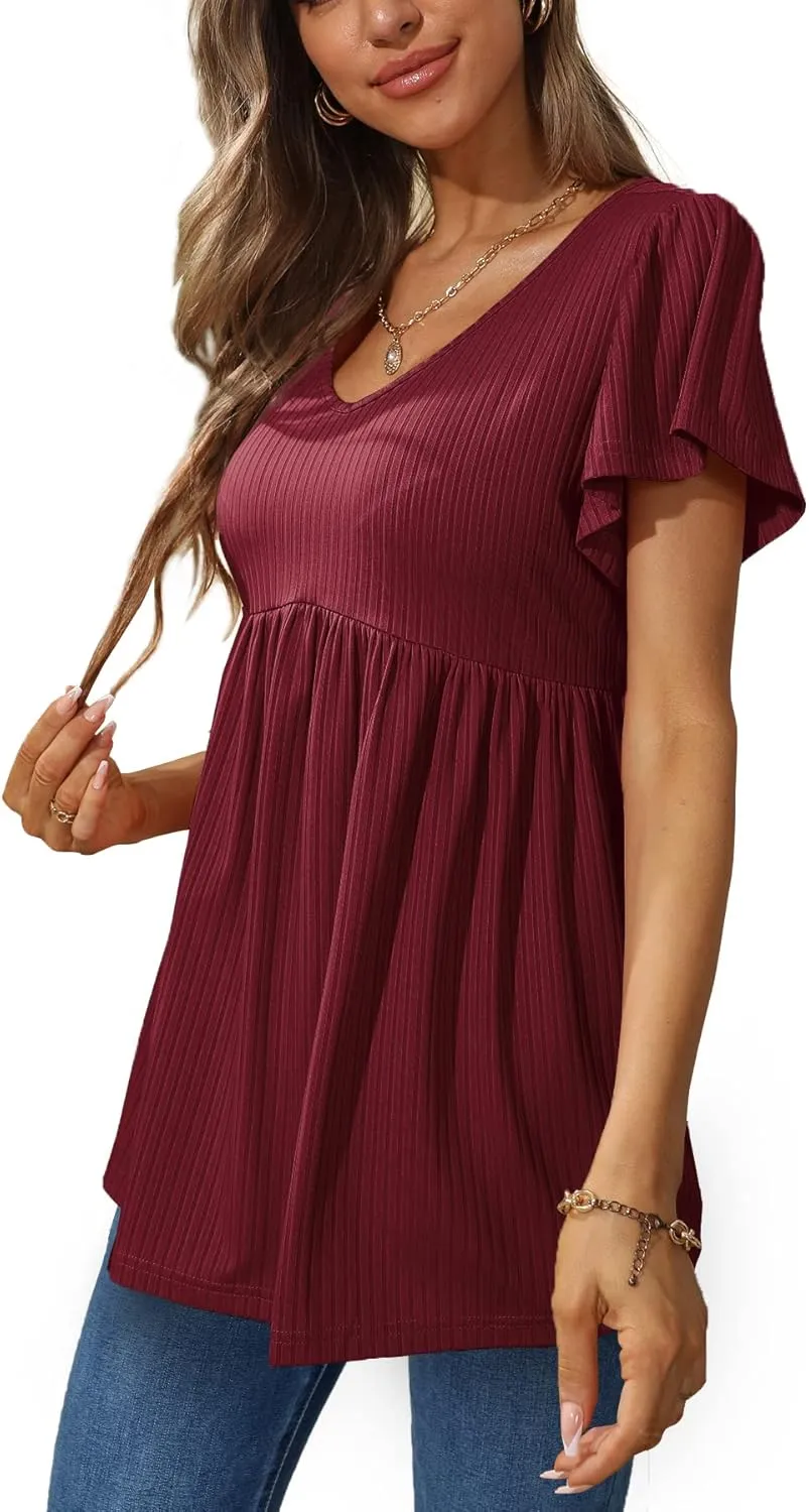 Glanzition Women Ruffle Short Sleeve V Neck Oversized Shirt Tunic Babydoll Tops