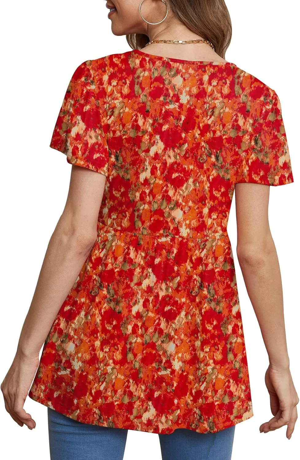 Glanzition Women Ruffle Short Sleeve V Neck Oversized Shirt Tunic Babydoll Tops