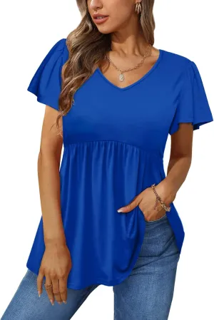 Glanzition Women Ruffle Short Sleeve V Neck Oversized Shirt Tunic Babydoll Tops